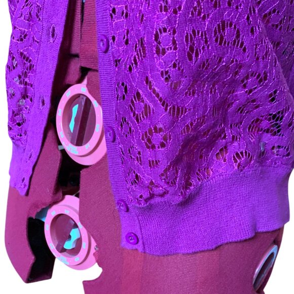 JESSICA - Magenta short-sleeved cardigan - open lace knit fabric - Medium - Picture 5 of 7